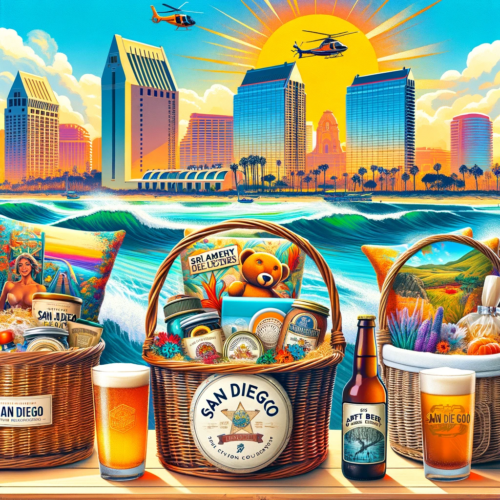 A colorful photo depicting five distinct gift baskets against a sunny, beach-themed backdrop with San Diego landmarks. Each basket has a theme: Gourmet Delights with local artisan foods, Relaxation & Spa with luxury bath products, Craft Beer Lovers with San Diego brews, Outdoor Adventure with hiking and beach essentials, and Art & Culture with locally made art and cultural items.