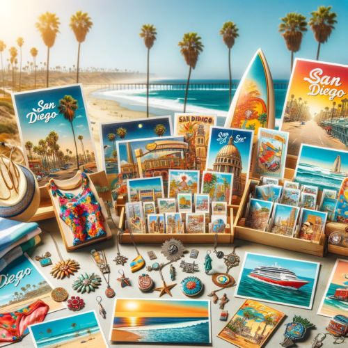 A picturesque photo featuring a collection of San Diego souvenirs, set against a beachside backdrop with the ocean and palm trees. Items include beach-themed decor, locally crafted jewelry, vibrant postcards of San Diego, surf-inspired clothing, and miniatures of San Diego landmarks.
