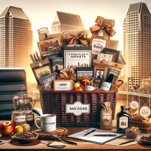 An elegant photo displaying a variety of corporate gift baskets, each infused with San Diego's unique charm. The baskets include gourmet local produce, sophisticated office gadgets, San Diego-themed desk accessories, premium coffee, and artisanal snacks, all set against a backdrop hinting at San Diego's skyline.