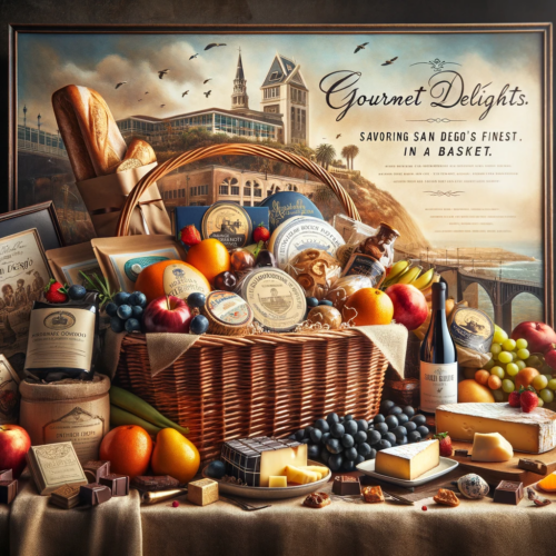 A luxurious photo showcasing a gift basket filled with San Diego's gourmet treasures. The basket includes artisan cheeses, fresh local fruits, handcrafted chocolates, premium wines, and artisanal breads, elegantly arranged against a backdrop that reflects San Diego's rich culinary heritage.