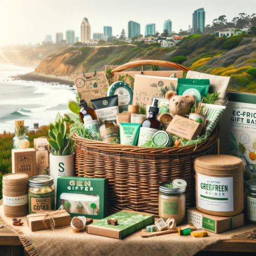 A beautiful photo showcasing eco-friendly gift baskets, filled with sustainable products from San Diego. The baskets include organic skincare, reusable gadgets, plant-based snacks, upcycled decor, and biodegradable items, set against a backdrop of San Diego’s natural landscapes.