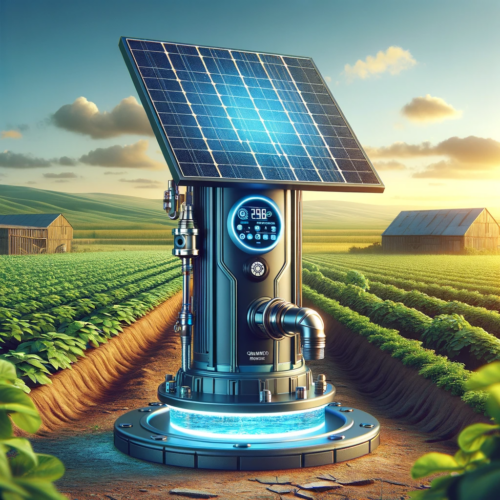 A futuristic water pump labeled 'Champion Pumps' in an agricultural field, featuring solar panels and a digital display amidst flourishing crops under a clear blue sky.