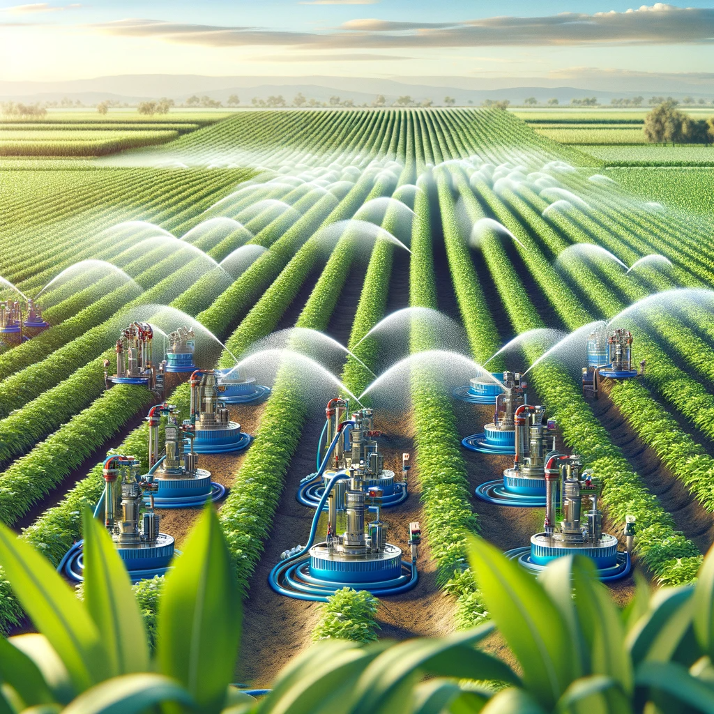 Multiple 'Champion Pumps' irrigating a field of healthy, green crops under a sunny sky, symbolizing efficient water distribution in agriculture.