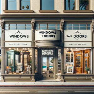 image of a storefront in San Diego showcasing a variety of stylish windows and doors. 