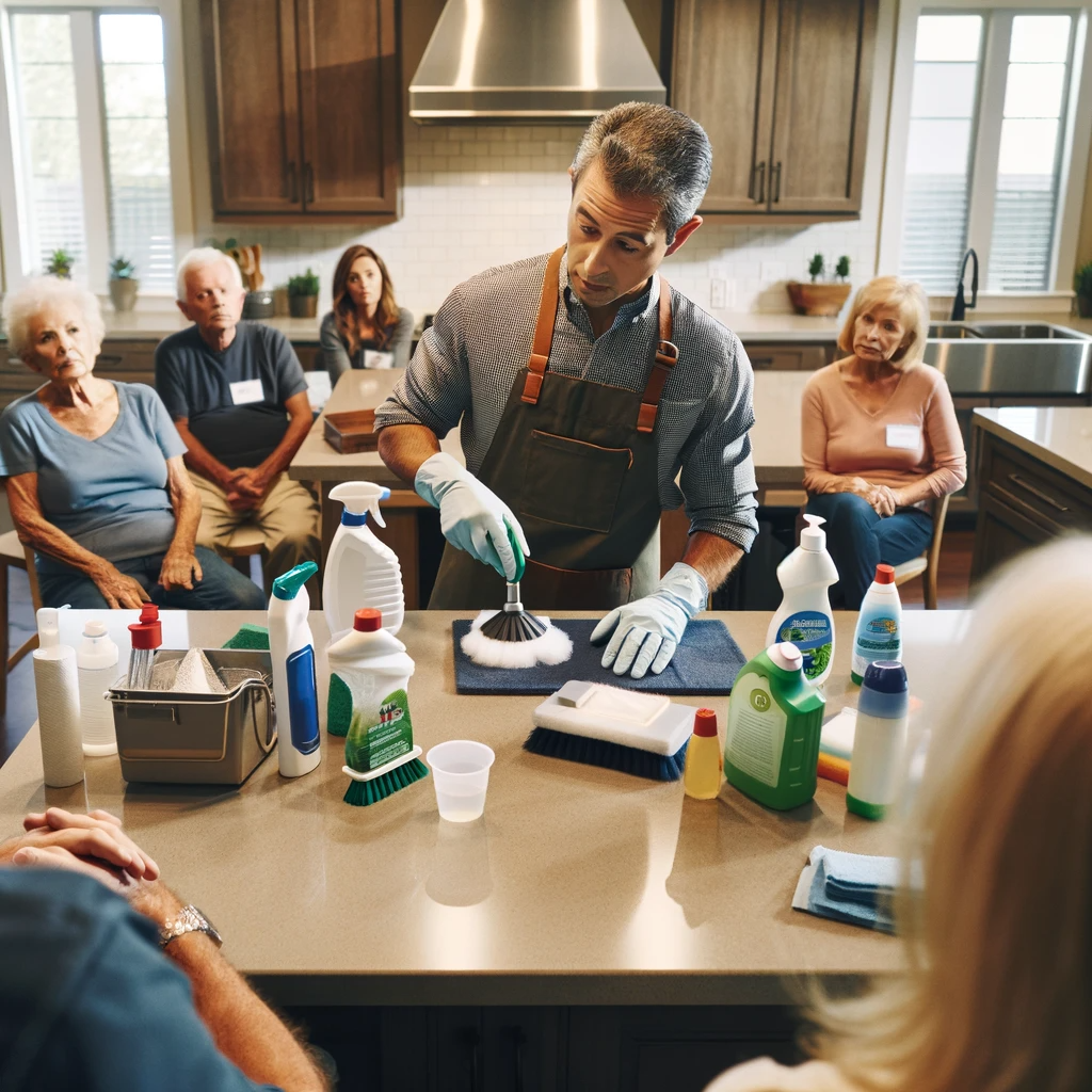 A cleaning expert giving a hands-on demonstration of effective cleaning strategies in a contemporary Indianapolis kitchen.