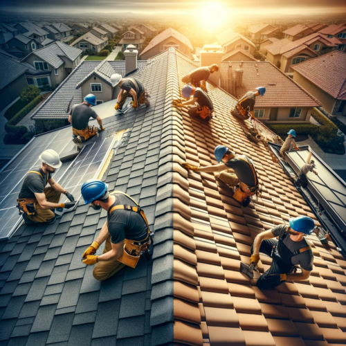 Skilled roofers in San Diego installing weather-resistant tiles on a residential roof, restoring home protection.