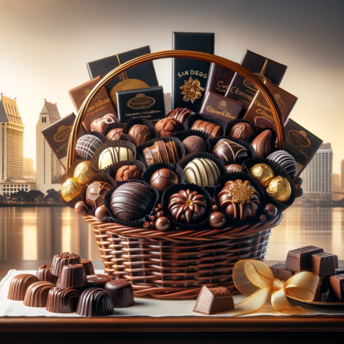 A luxurious gift basket filled with a variety of gourmet chocolates, set against a backdrop suggestive of the San Diego skyline.