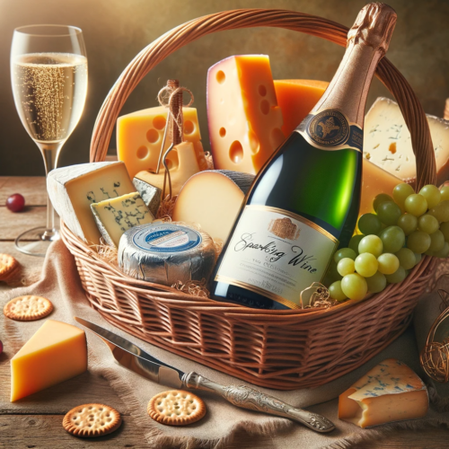  A luxurious gift basket with sparkling wine and an assortment of fine cheeses, arranged on a rustic wooden table.