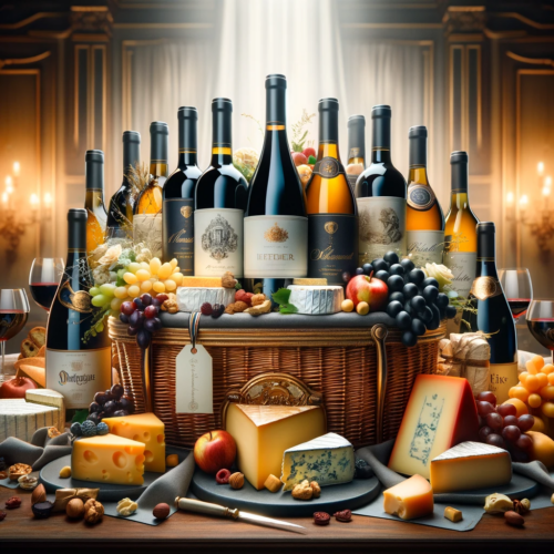 An opulent gift basket filled with an array of premium wines and gourmet cheeses, accompanied by fresh fruits and nuts on a polished wooden surface.