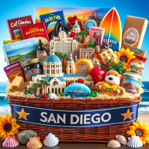 A colorful gift basket filled with San Diego themed items, including miniature landmarks, local gourmet treats, and typical souvenirs like a mini surfboard, set against a sunny beach backdrop.