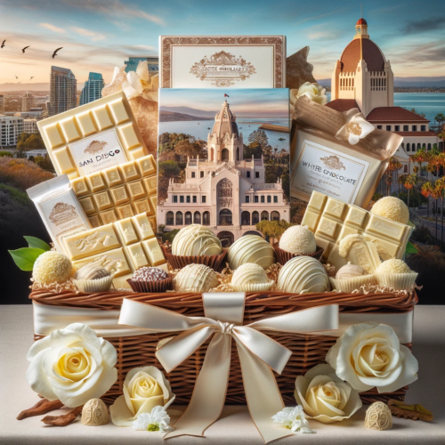 Elegant white chocolate gift basket with San Diego backdrop.