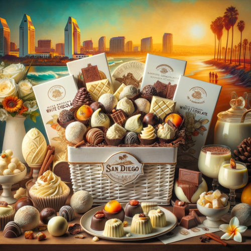 Elegant gift basket filled with San Diego's white chocolate confections.