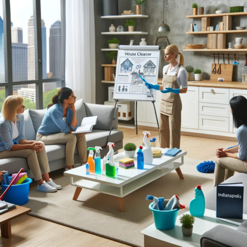 An expert cleaner demonstrating house cleaning techniques in a well-organized living room in Indianapolis.