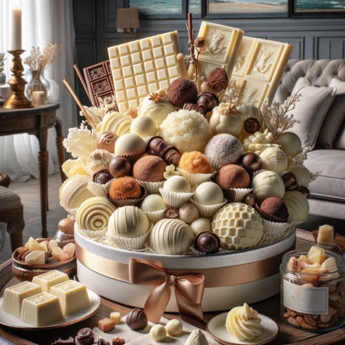 Luxury gift basket filled with white chocolate confections in a San Diego coastal-themed room.