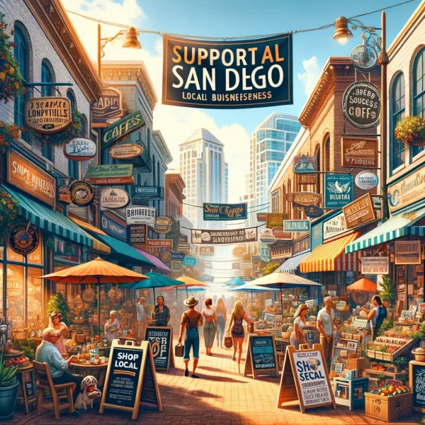 celebrating the spirit of supporting local San Diego businesses. It captures a vibrant local market scene that emphasizes community and support for local commerce.