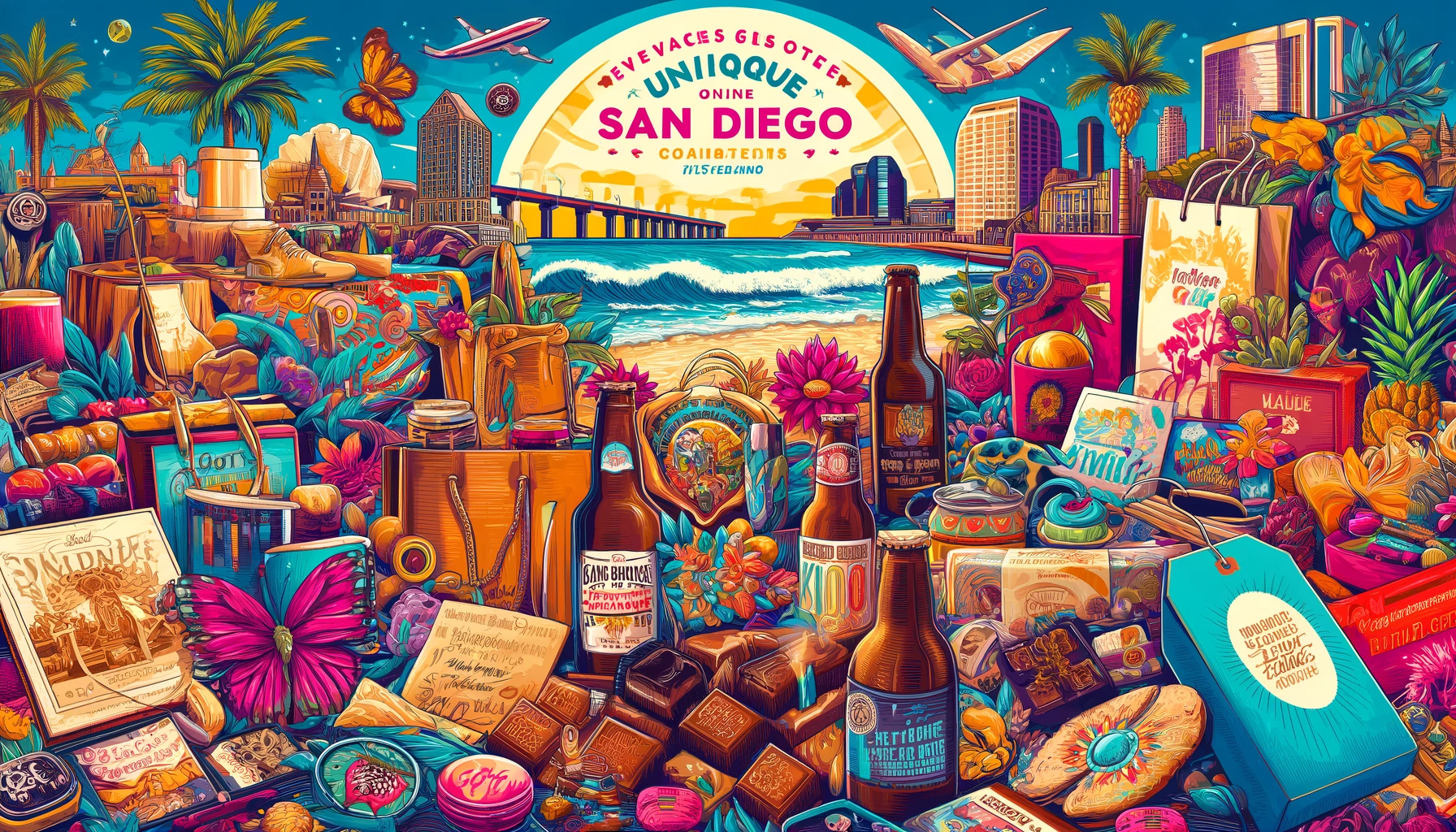 A colorful digital collage of unique San Diego gifts including artisanal chocolates, handmade jewelry, surf-inspired apparel, craft beer, and eco-friendly products, set against a backdrop of San Diego's beach and skyline.