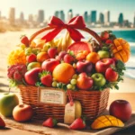 A vibrant fruit basket with strawberries, oranges, apples, and mangoes, elegantly arranged and wrapped with a red ribbon, set against a sunny San Diego beach backdrop.