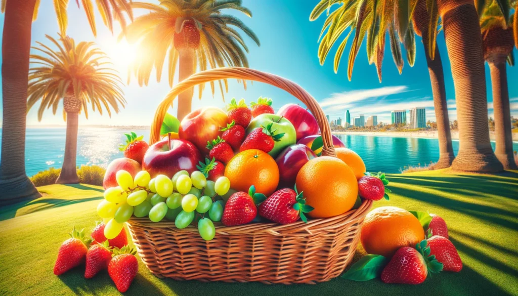 Fresh fruit basket outdoors with strawberries, apples, oranges, and grapes, under San Diego's sunny sky with palm trees.