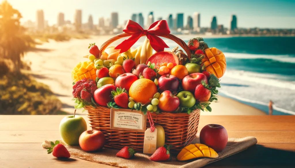 A vibrant fruit basket with strawberries, oranges, apples, and mangoes, elegantly arranged and wrapped with a red ribbon, set against a sunny San Diego beach backdrop.