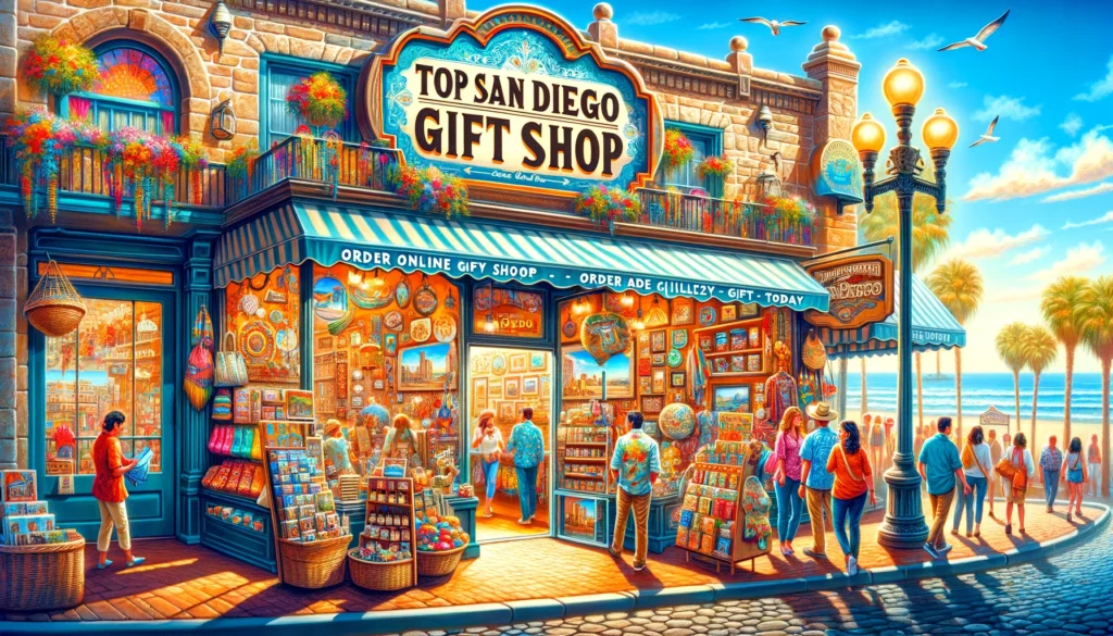 A lively San Diego gift shop with diverse customers browsing unique local products.