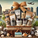 Artisan coffee and tea gift basket in San Diego, featuring various coffee beans, tea leaves, mugs, and accessories with elegant packaging and a San Diego coastal backdrop including seashells and a glimpse of the ocean.