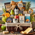 A beautifully arranged gourmet gift basket featuring organic and locally sourced products from San Diego, set on a rustic wooden table with a sunny San Diego landscape and the Pacific Ocean in the background.