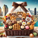 A decadent dessert gift basket in San Diego featuring gourmet chocolate truffles, assorted pastries, colorful macarons, and elegant cookies, with the San Diego skyline and palm trees in the background.