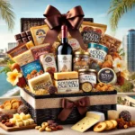 A beautifully arranged gourmet snack gift basket featuring artisanal cheeses, gourmet crackers, mixed nuts, chocolates, dried fruits, and premium wine. The basket is adorned with a satin ribbon and set against a sunny San Diego skyline with palm trees and the ocean in the distance.